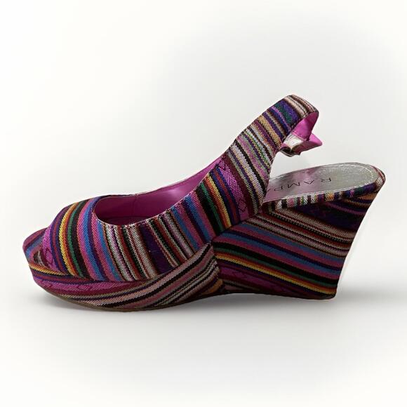Rampage Women’s Slingback Wedge Sandals Multicolor Striped Peep Toe Size 6 - Picture 1 of 7